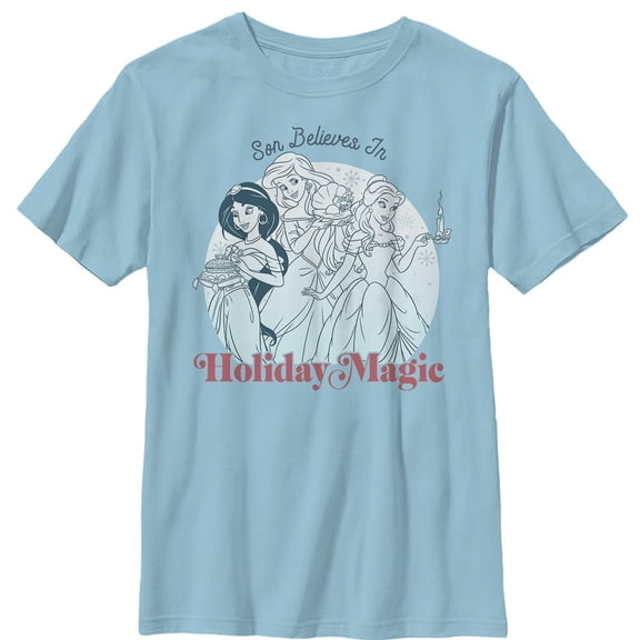 Boy's Disney Princesses Christmas Son Believes in Magic  Graphic Tee Light Blue Large