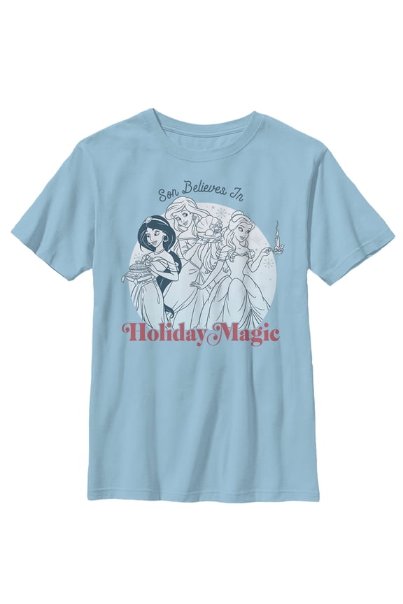 Boy's Disney Princesses Christmas Son Believes in Magic  Graphic Tee Light Blue Small