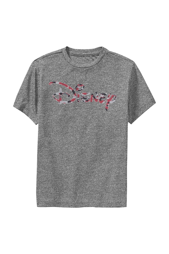 Boy's Disney Red Camo Logo Performance Graphic Tee Charcoal Heather Small