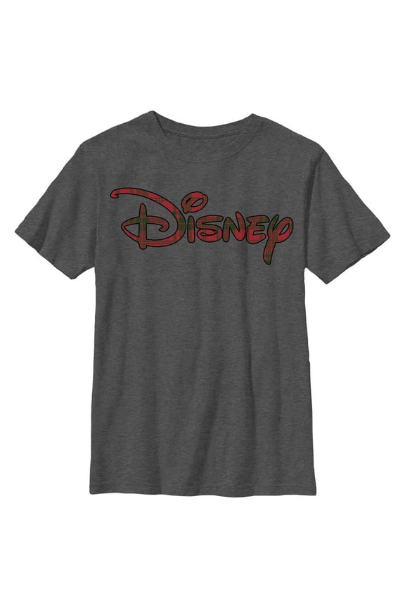 Boy's Disney Red and Green Plaid Logo Graphic Tee Charcoal Heather Medium
