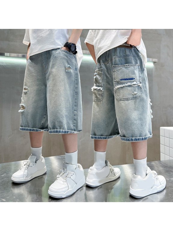 Boy’s Distressed Denim Shorts Ripped Design Relaxed Fit Mid Length Casual Streetwear Jean Shorts (Light Blue 13-14 Years)