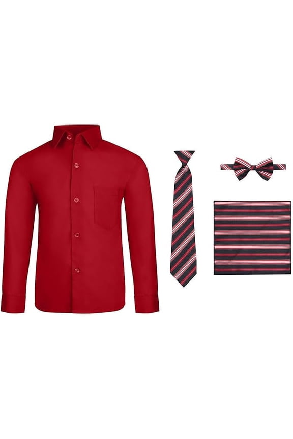 4 Piece Boy's Dress Shirt Set with Long Tie, Bow Tie and Pocket Square