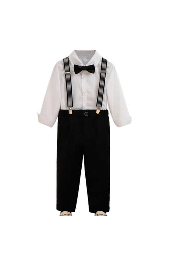 Boy's Dress Suit Long Sleeve Bow Tie Shirt Suspenders Pants Outfits Set Black 1-2 Years