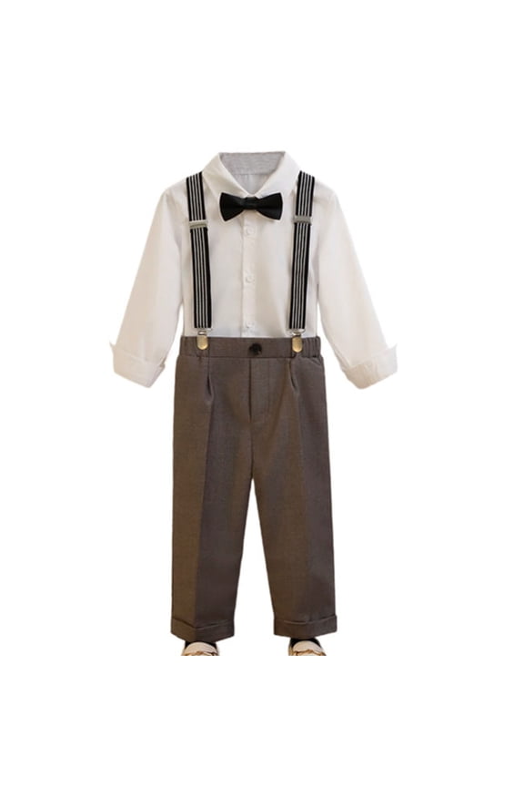Boy's Dress Suit Long Sleeve Bow Tie Shirt Suspenders Pants Outfits Set Gray 1-2 Years