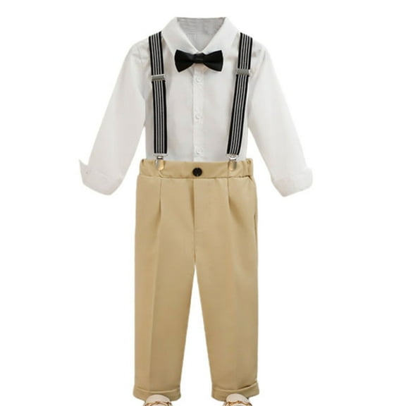 Boy's Dress Suit Long Sleeve Bow Tie Shirt Suspenders Pants Outfits Set Khaki 7-8 Years