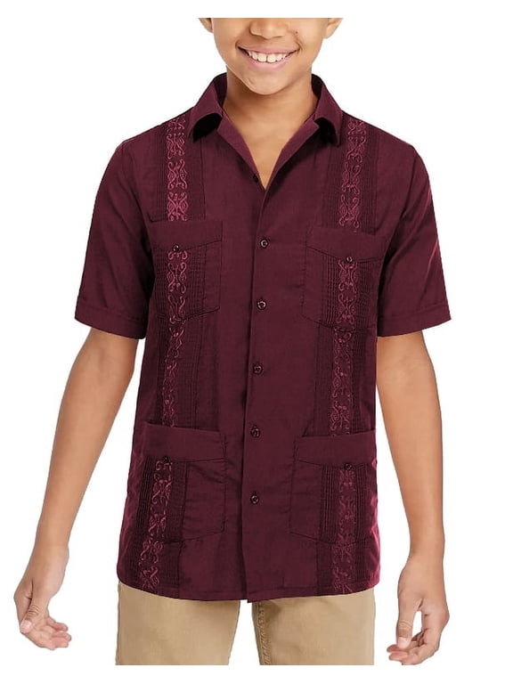Boy's Embroidered Short Sleeve Wedding Baptism Kids Button-Up Guayabera Shirt (Burgundy, L (12-14 yrs))