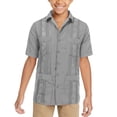 thumbnail image 1 of Boy's Embroidered Short Sleeve Wedding Baptism Kids Button-Up Guayabera Shirt (Light Grey, XS (3-4)), 1 of 2