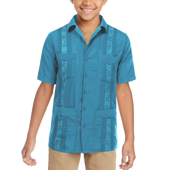 Boy's Embroidered Short Sleeve Wedding Baptism Kids Button-Up Guayabera Shirt (Turquoise, XL (14-16))