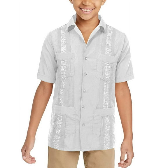 Boy's Embroidered Short Sleeve Wedding Baptism Kids Button-Up Guayabera Shirt (White, M (8-10 yrs))