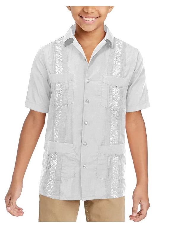 Boy's Embroidered Short Sleeve Wedding Baptism Kids Button-Up Guayabera Shirt (White, XXS (2-3 yrs))