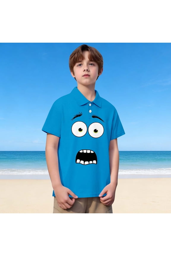 Boy's Print Polo Tops Short Sleeve Collar Button Sky Blue Summer Breathable Lightweight Trendy Boy's Shirts Size 3-4 Y