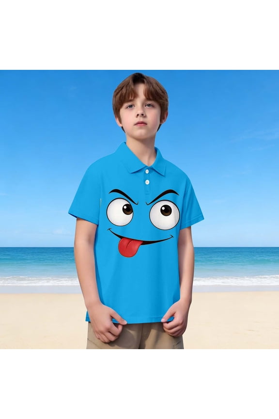 Boy's Print Polo Tops Short Sleeve Collar Button Sky Blue Summer Breathable Lightweight Trendy Soft Boy's Shirts Size 3-4 Y