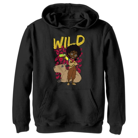 Boy's Encanto Antonio Wild Like The Animals Print  Pull Over Hoodie Black Medium