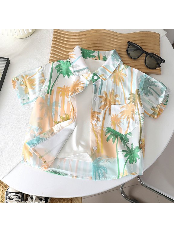 Boy's Floral Print Shirts Short Sleeve Collar Yellow Summer Breathable Lightweight Trendy Soft Boy's Shirts Size 3-4 Y