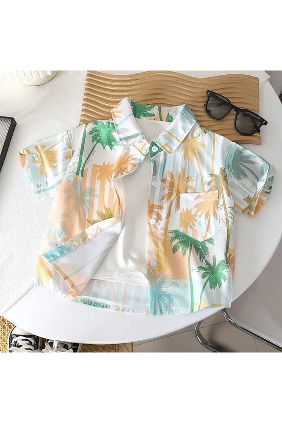 Boy's Floral Print Shirts Short Sleeve Collar Yellow Summer Breathable Lightweight Trendy Soft Boy's Shirts Size 3-4 Y