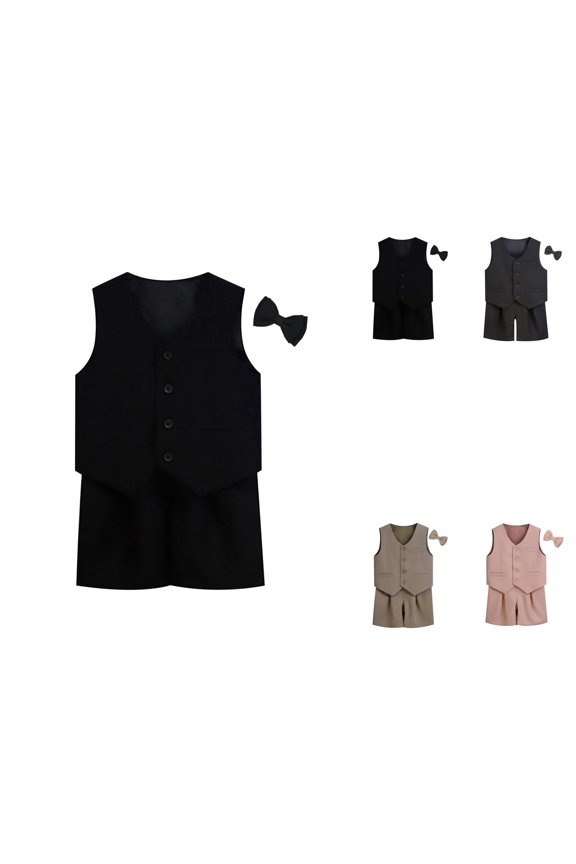 Boy's Formal Slim Fit Suit Set with Adjustable Waist, Includes Bow Tie, Jacket, and Shorts – Ideal for Wedding, Performance, Celebration, and Family Events