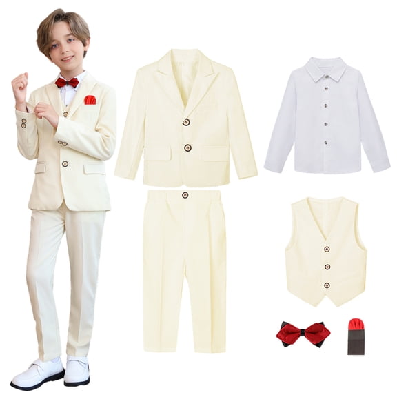 Boy's Formal Suit 6 Piece Set Slim Fit Kids Tuxedo Suits for Wedding Teen Toddler Boy Dress Suit Outfit Beige 2-3 Years