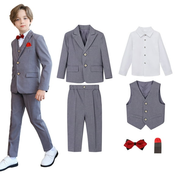 Boy's Formal Suit 6 Piece Set Slim Fit Kids Tuxedo Suits for Wedding Teen Toddler Boy Dress Suit Outfit Gray 6-12 Months