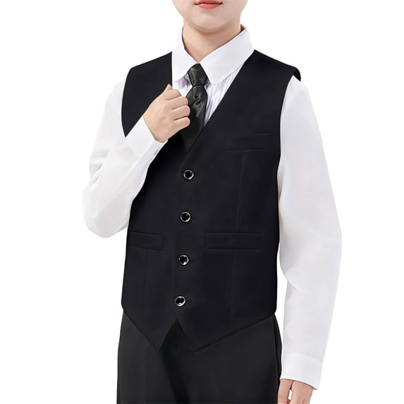Boy's Formal Suit Vest Solid Dress Waistcoat Vest with Pockets for Wedding Pageant and Performance Elegant Sleeveless with Adjustable Back, Size 3-17 Years,Color:Black,16-17 Years