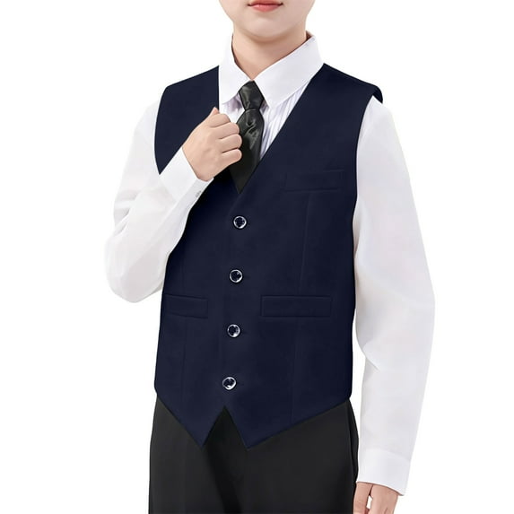 Boy's Formal Suit Vest Solid Dress Waistcoat Vest with Pockets for Wedding Pageant and Performance Elegant Sleeveless with Adjustable Back, Size 3-17 Years,Color:Blue,11-12 Years