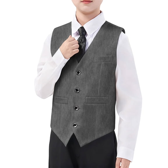 Boy's Formal Suit Vest Solid Dress Waistcoat Vest with Pockets for Wedding Pageant and Performance Elegant Sleeveless with Adjustable Back, Size 3-17 Years,Color:Dark Gray,13-14 Years