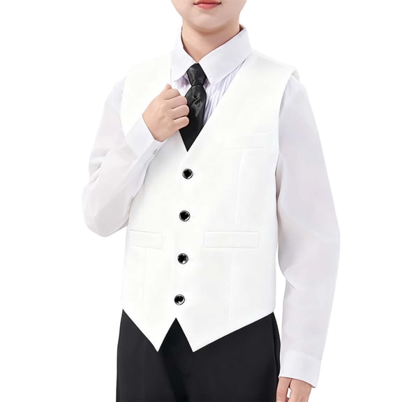 Boy's Formal Suit Vest Solid Dress Waistcoat Vest with Pockets for Wedding Pageant and Performance Elegant Sleeveless with Adjustable Back, Size 3-17 Years,Color:White,13-14 Years