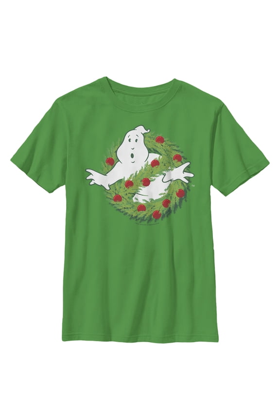 Boy's Ghostbusters Christmas Wreath Logo Graphic Tee Kelly Green Small