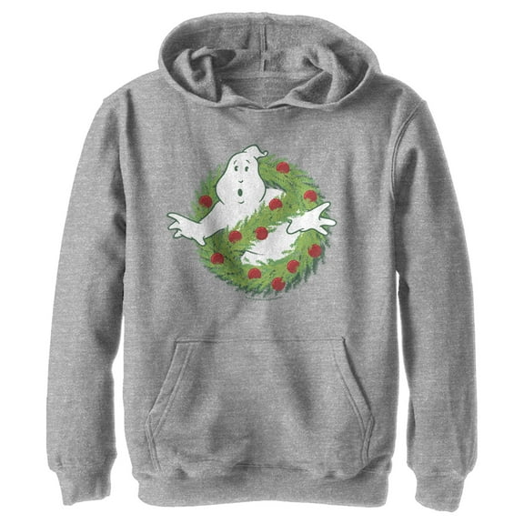 Boy's Ghostbusters Christmas Wreath Logo Pull Over Hoodie Athletic Heather Medium