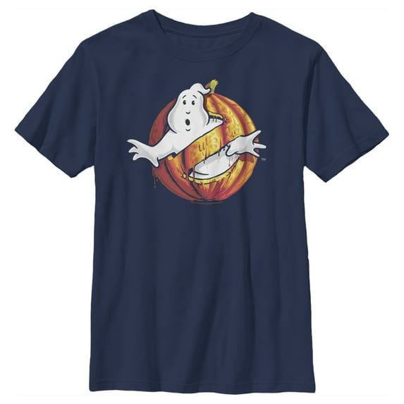 Boy's Ghostbusters Halloween Pumpkin Logo Graphic Tee Navy Blue Small