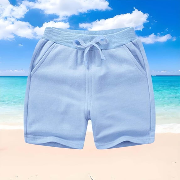 Boy's Girls Sports Shorts, Lightweight Athletic Running Kids Casual Elastic Waist Drawstring Summer cotton Shorts with Pockets Light Blue 5Y