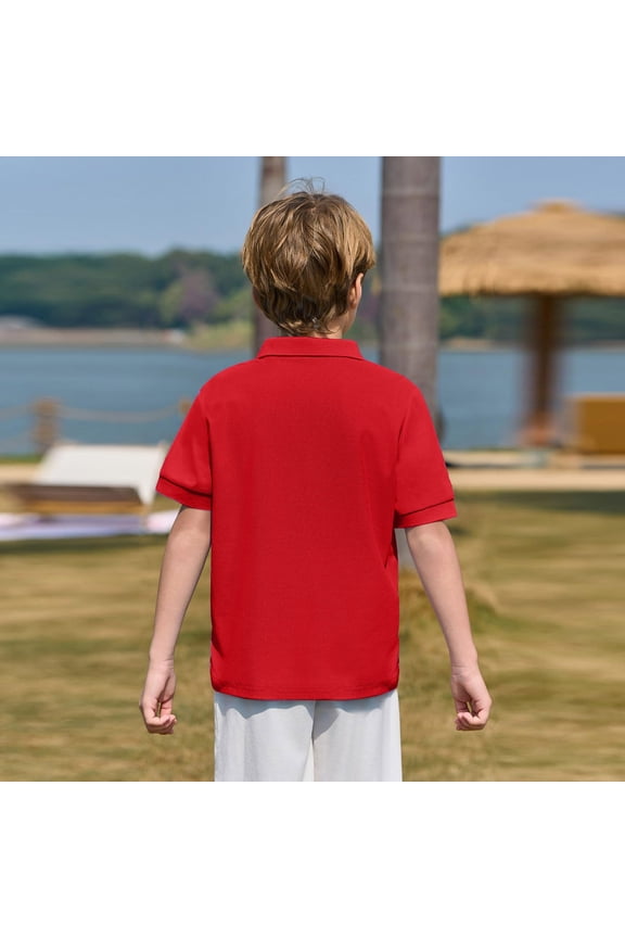 Boy's Golf Polo Shirt School Uniform - Moisture Wicking Athletic Short Sleeve Active Workout Performance Polo Shirts 6-11 Years Red