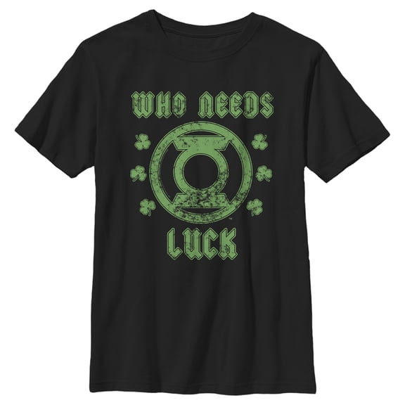 Boy's Green Lantern St. Patrick's Day Who Needs Luck Distressed Graphic Tee Black Large