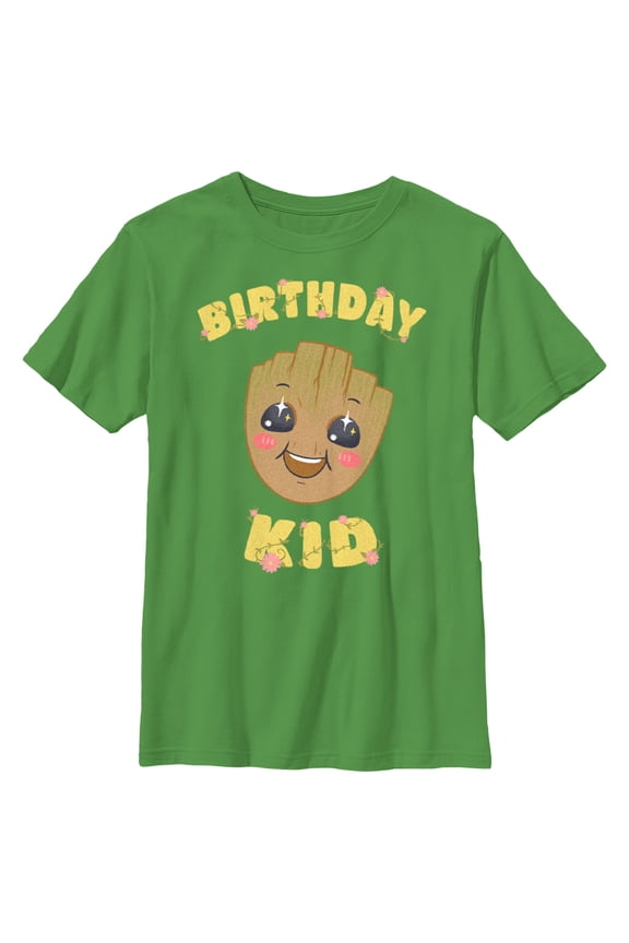 Boy's Guardians of the Galaxy Baby Face Birthday Kid Groot Graphic Tee Kelly Green Large