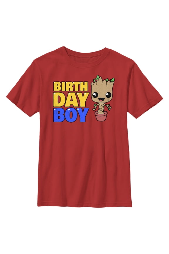 Boy's Guardians of the Galaxy Birthday Boy Pot Plant Groot Graphic Tee Red X Small
