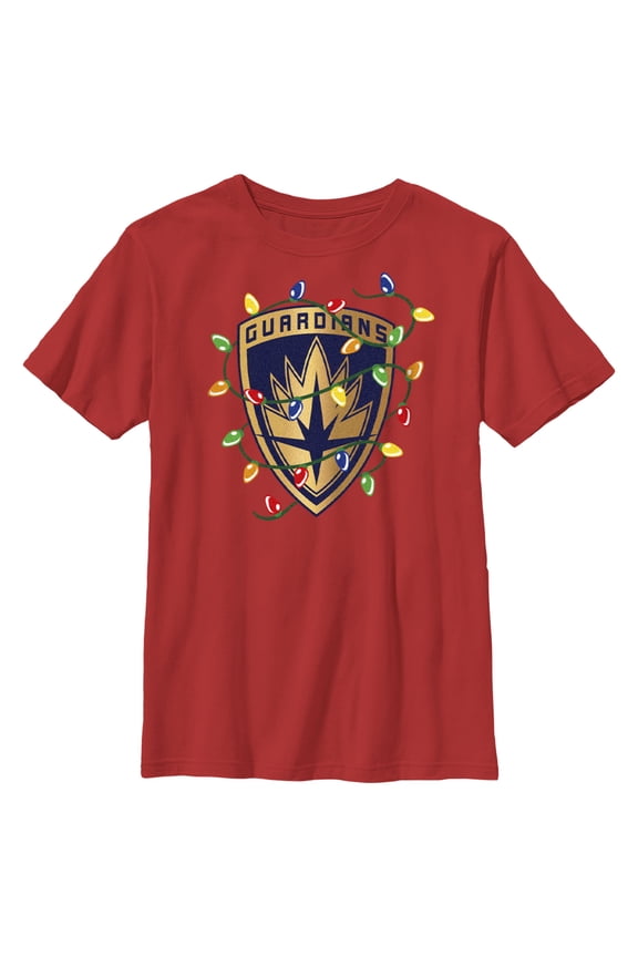 Boy's Guardians of the Galaxy Holiday Special Christmas Lights Badge Graphic Tee Red X Large