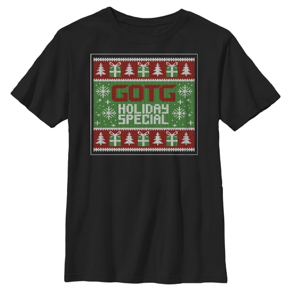 Boy's Guardians of the Galaxy Holiday Special Christmas Sweater Square Graphic Tee Black X Small