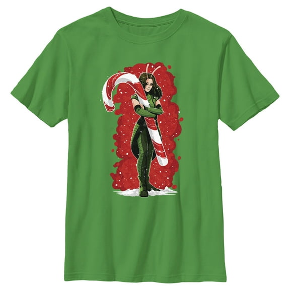 Boy's Guardians of the Galaxy Holiday Special Mantis Candy Cane Hug Graphic Tee Kelly Green Large