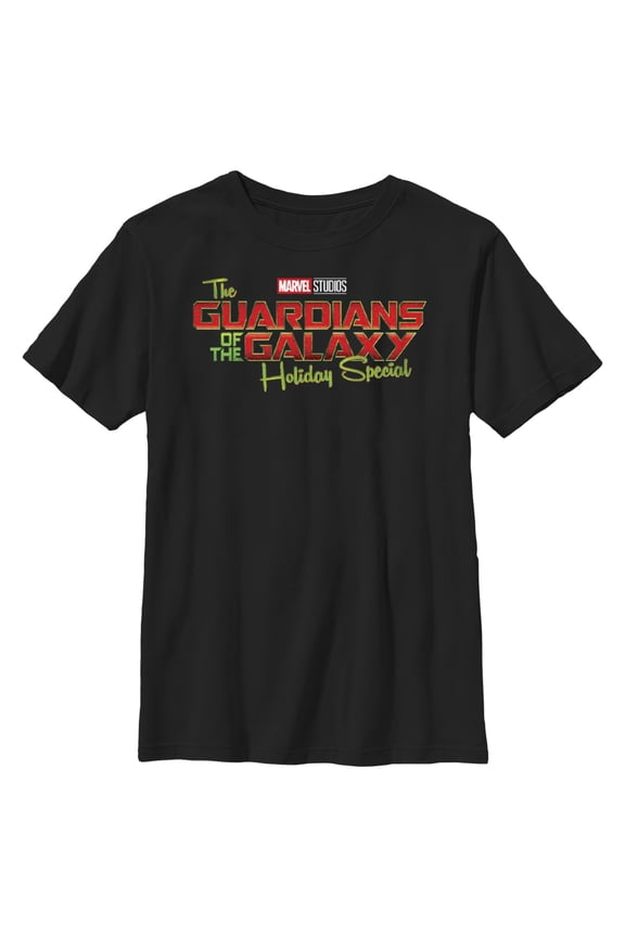 Boy's Guardians of the Galaxy Holiday Special Red and Green Logo Graphic Tee Black Large