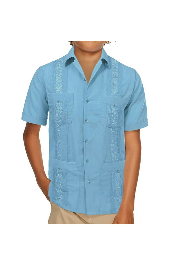 Boy's Guayabera Wedding Baptism Kids Toddler Junior Button-Up Casual Dress Shirt (Blue, 8)