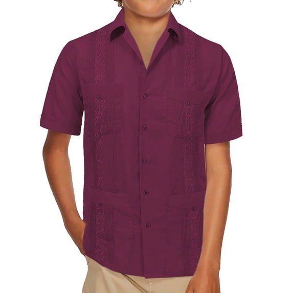 Boy's Guayabera Wedding Baptism Kids Toddler Junior Button-Up Casual Dress Shirt (Burgundy, 16)
