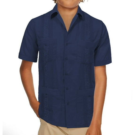 Boy's Guayabera Wedding Baptism Kids Toddler Junior Button-Up Casual Dress Shirt (Navy, 12)