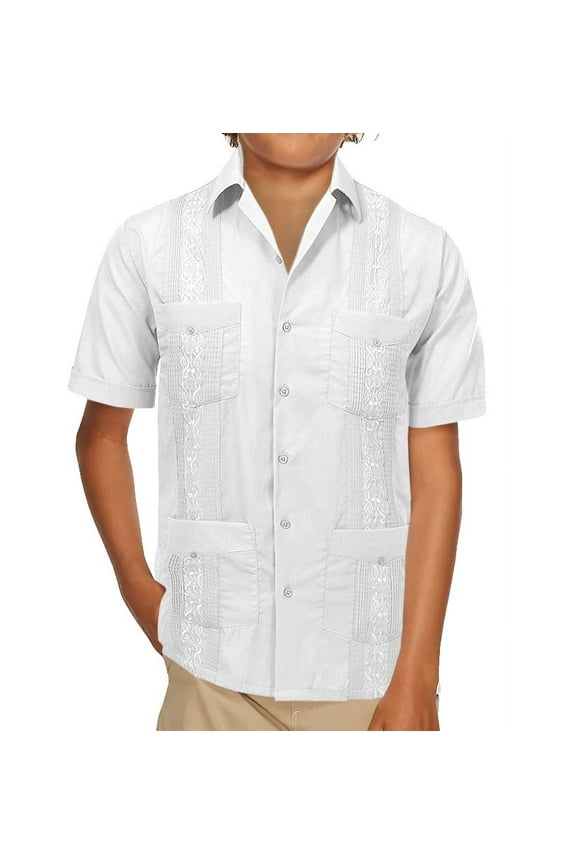 Boy's Guayabera Wedding Baptism Kids Toddler Junior Button-Up Casual Dress Shirt (White, 12)