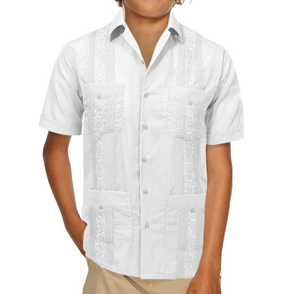 Boy's Guayabera Wedding Baptism Kids Toddler Junior Button-Up Casual Dress Shirt (White, 18)