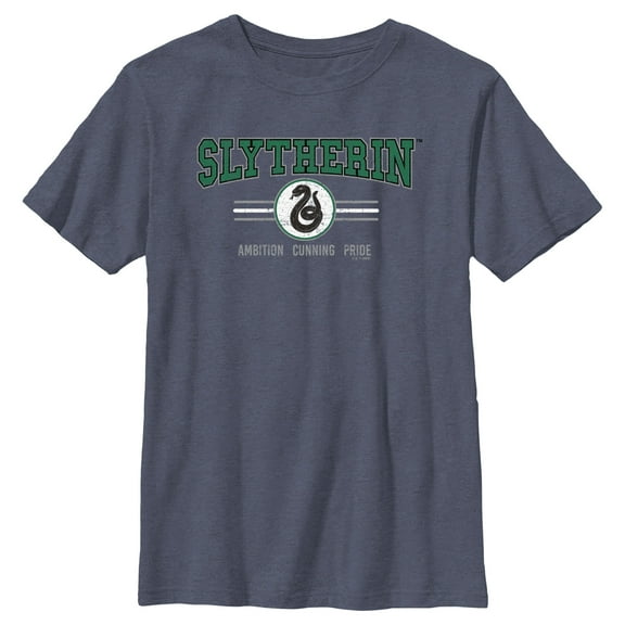 Boy's Harry Potter Distressed Slytherin Traits  Graphic Tee Navy Blue Heather Large