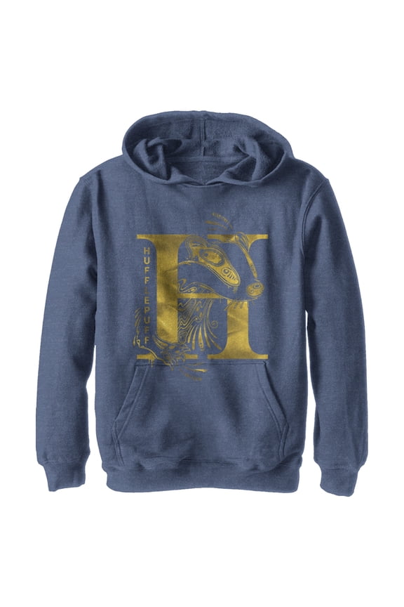 Boy's Harry Potter Hufflepuff H Logo Pull Over Hoodie Navy Blue Heather Large