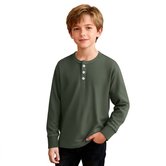Boy's Henley Shirts Waffle Long Sleeve Tops Leisure Button Round Neck Solid Color Shirt Lightweight Blouse