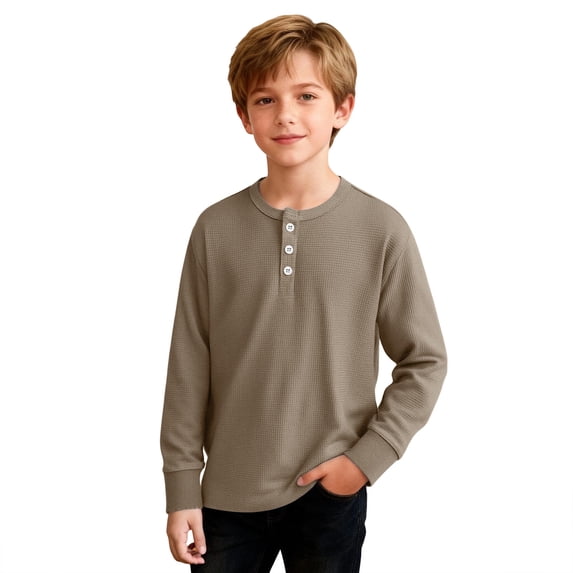 Boy's Henley Shirts Waffle Long Sleeve Tops Leisure Button Round Neck Solid Color Shirt Lightweight Blouse