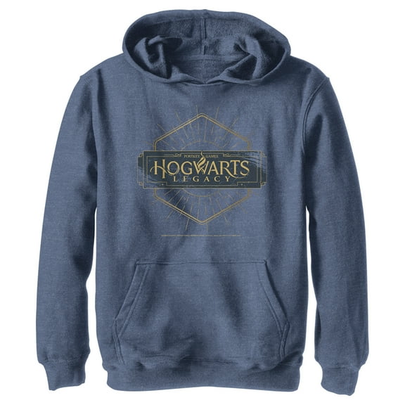 Boy's Hogwarts Legacy Small Art Deco Logo  Pull Over Hoodie Navy Blue Heather Small