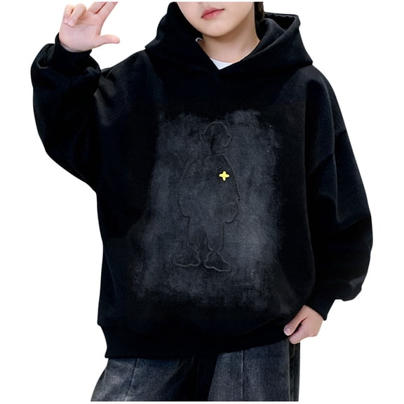 Boy's Hooded Sweatshirts Long Sleeve Comfy Soft Print Pullover Tops Casual Loose Spring Stylish Hoodies (14-15 Years, Black)
