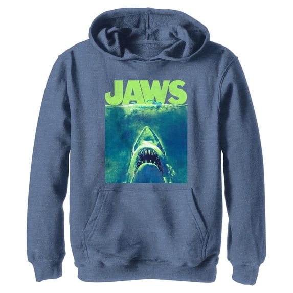 Boy's Jaws Neon Poster Pull Over Hoodie Navy Blue Heather Medium